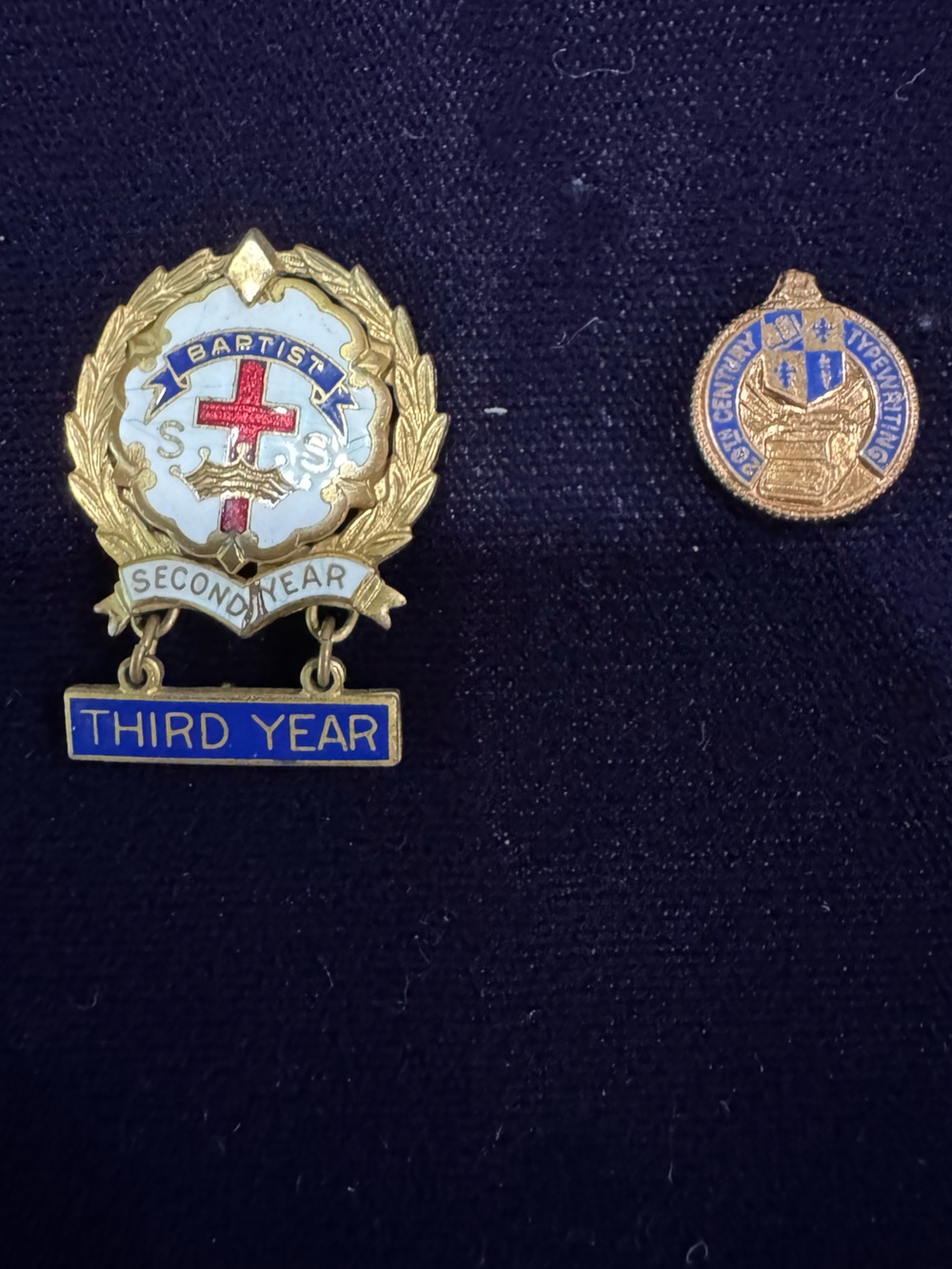 Vintage Third Year & Second Year Enamel School Badges - Blue, White, Gold